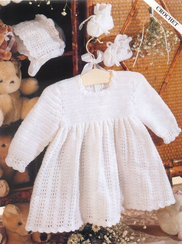 Häkelanleitung Kopie 1382.   Baby Kleid Mütze & Stiefel.  16-20" Brustumfang.  4ply