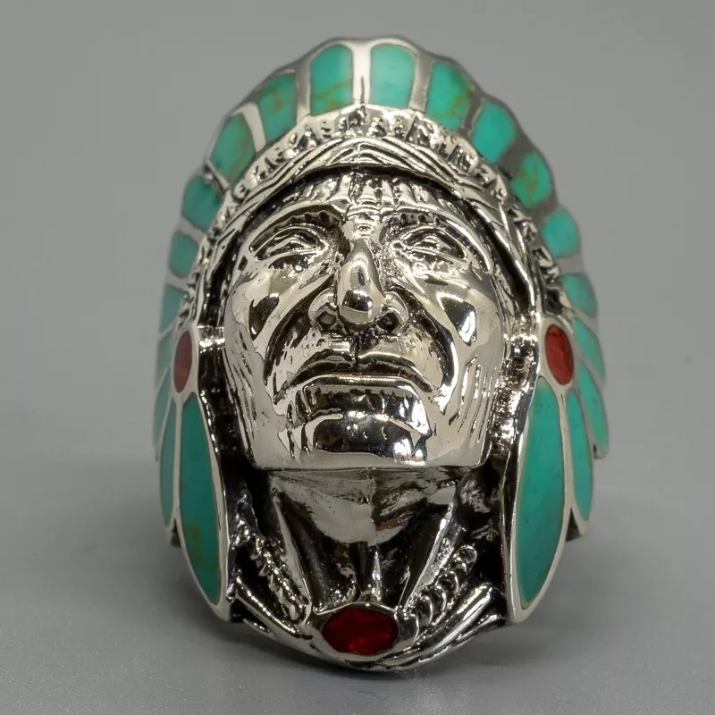 Turquoise Native American Red Indian Ring 925 silver Size T-Z5