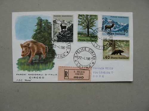 ITALY, R-cover FDC 1967, Nat. parks bear deer capricorne