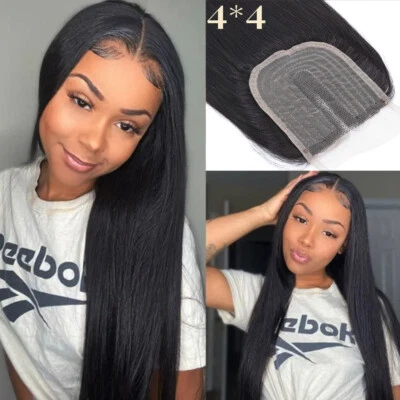 4x4 Lace Front Closure Brazilian Straight Human Hair Weave Extension MIDDLE PART