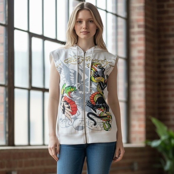 NET Ed Hardy Sleeveless Zip Hoodie Vest Unisex  Panther Snake Tattoo Graphic Y2K