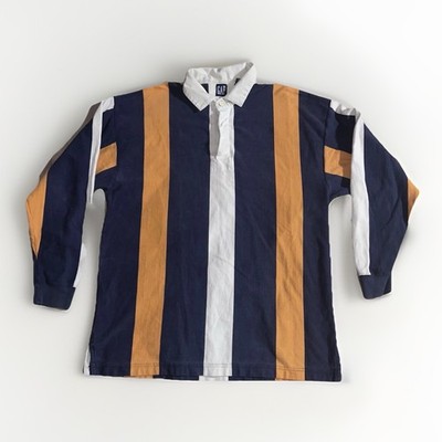 Vintage 90s Gap Rugby Vertical Striped Shirt Blue Yellow White Preppy Block Tag
