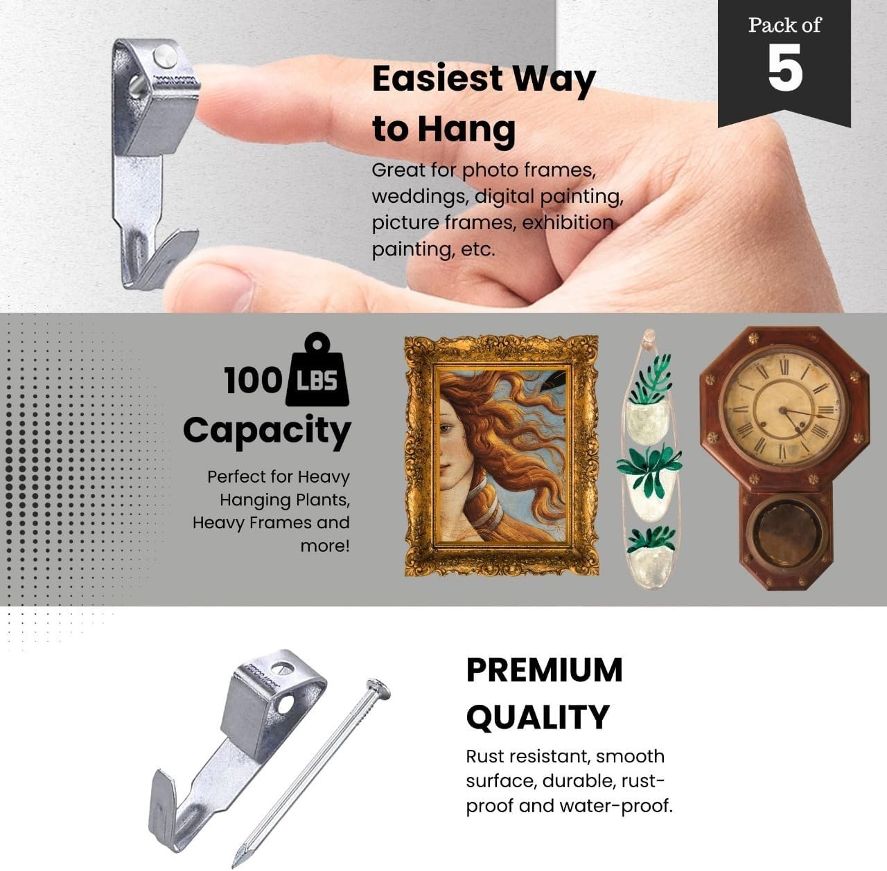 Performore 5 Pack of Heavy Duty Picture Hanger Hooks with Nails, 100lbs Frame Ho