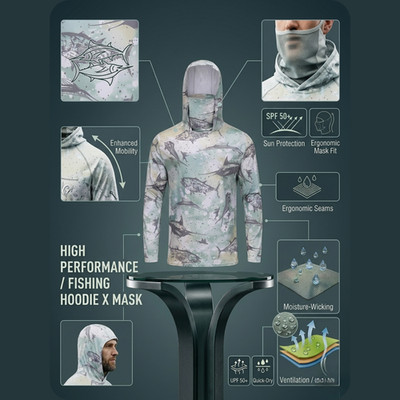 Men Fishing Shirt Hooded Long Sleeve UV Sun Protection UPF 50+ Performance Jerse