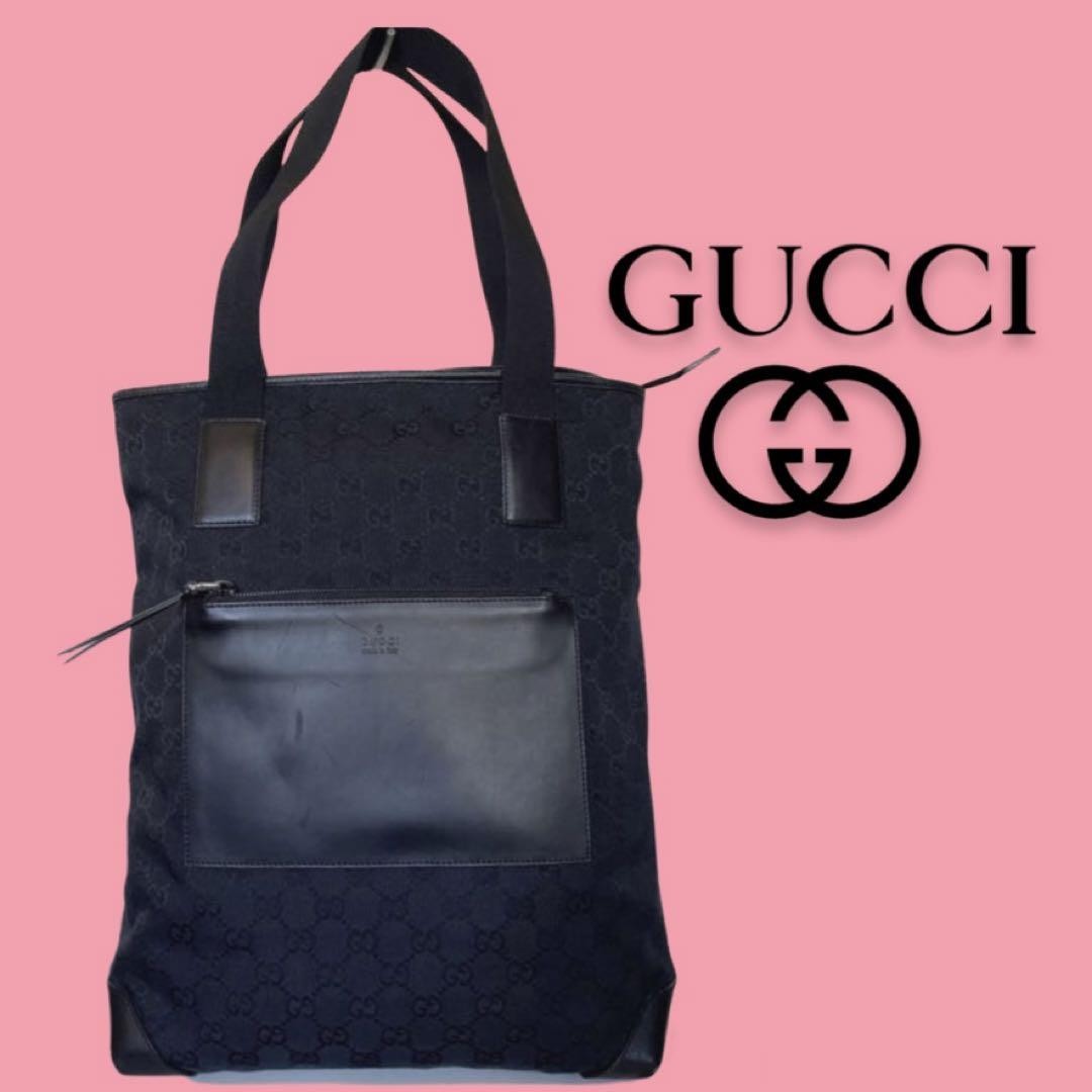 GUCCI GG Canvas Leather Tote Bag Black Excellent Condition Japan Import