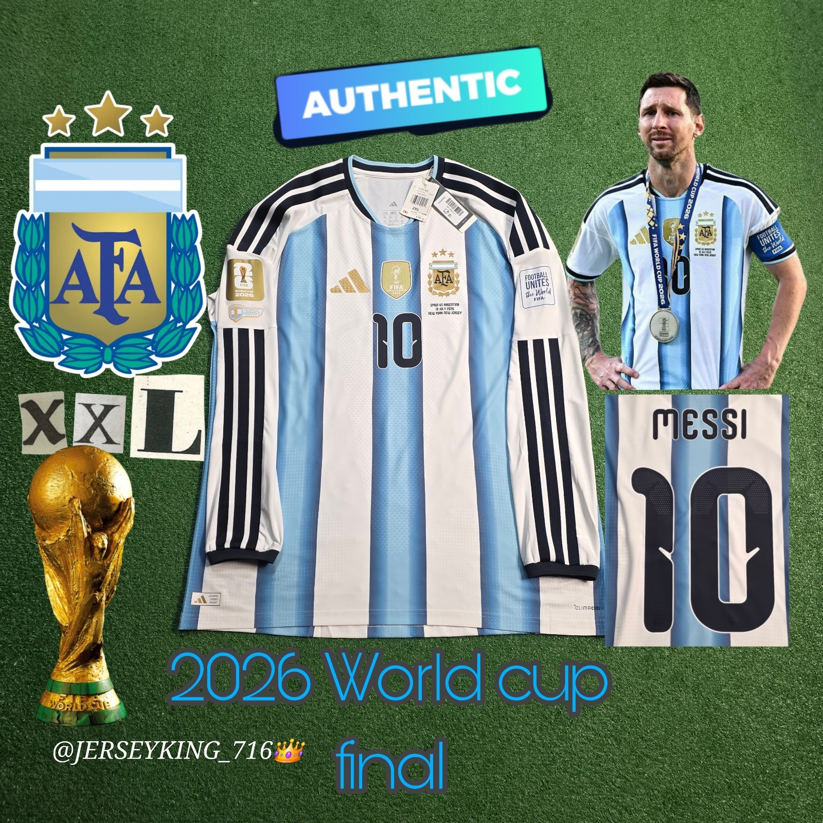 Adidas Argentina Lionel Messi #10 2026 World Cup Final Authentic LS Jersey New
