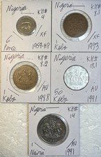 1959 - 1991 Nigeria 6 Pence, 1 & 50 Kobo & 1 Naira XF - AU Condition 5 Coin Lot
