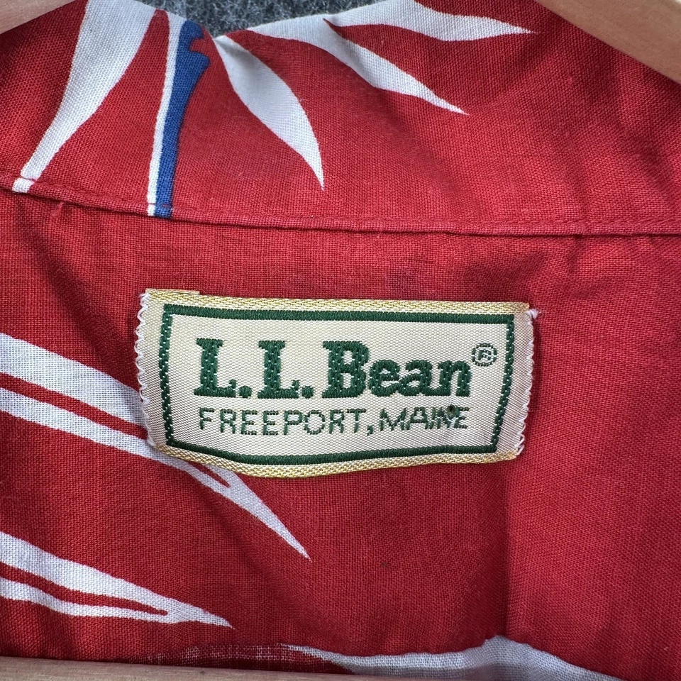 LL Bean Vintage Hawaiian Shirt Mens Large Red White Leaf Print Floral - Image 3 of 4