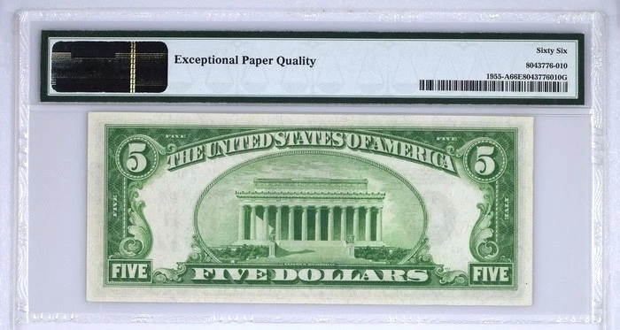 1934 $5 Federal Reserve Note PMG 66 EPQ - Top Pop - Boston - Light Green Seal - Image 2 of 2