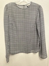 A NEW DAY Women Blouse Top Sz S Black White Plaid Long Sleeve Lightweight Office