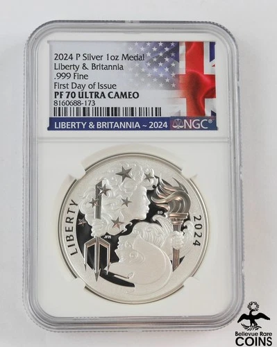 2024 US Mint LIBERTY & BRITANNIA .999 Silver 1oz Medal NGC PF70 Ultra Cameo FDOI