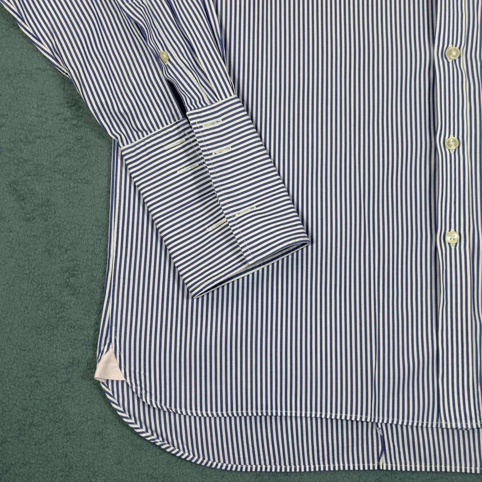 Camisa de vestir rosa Thomas azul a rayas manga larga abotonada para hombre 16 1/2-35 Foto 2 de 4