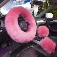 Fluffy Pink Wool Steering Wheel Cover Set for Women - Universal 15 Inch, 3 Pcs