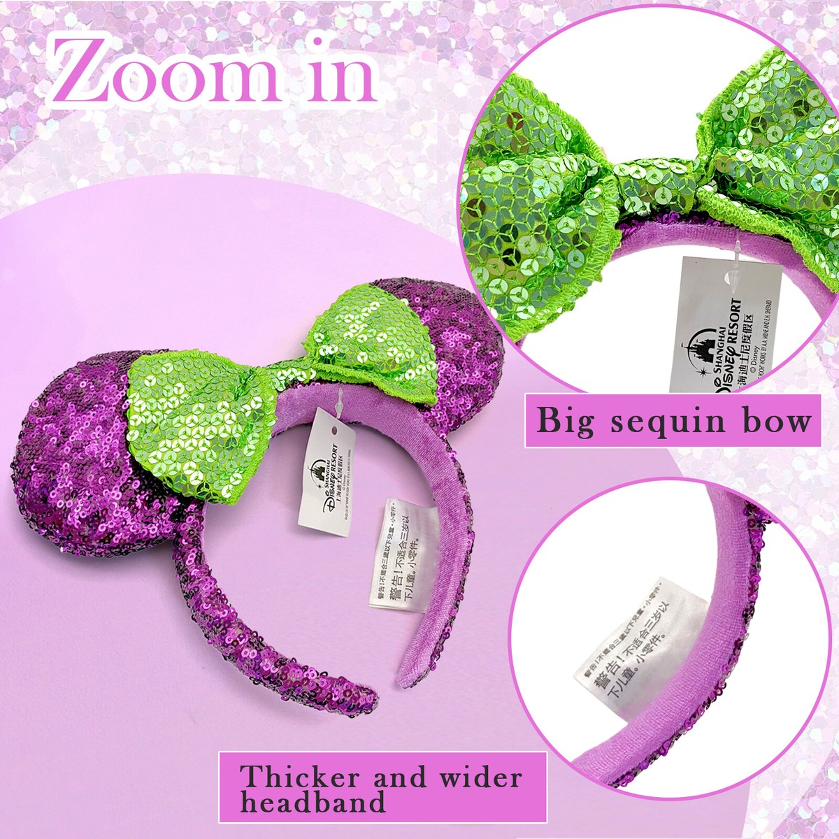 Disney Purple and Green Sequin Headband Disney Parks Mint Green Pink Bow Mickey Minnie Sequin Ears  main image 3
