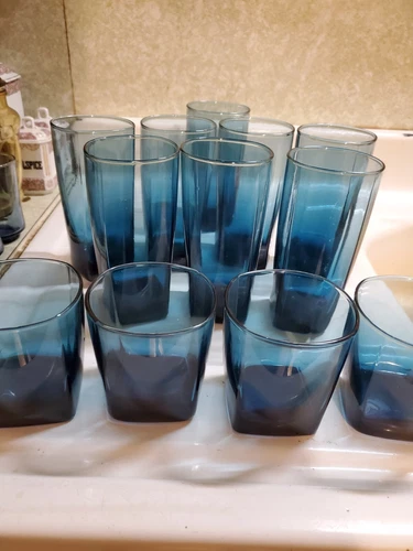 SALE! WAS 70. VTG 12PC ANCHOR HOCKING 11/16OZ TUMBLERS RIO COASTAL BLUE