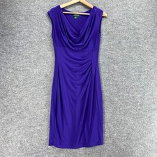Ralph Lauren Dress Women 4 Blue Sheath Midi V-Neck Sleeveless Casual Solid