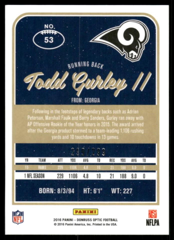 2016 Panini Donruss Optic #53 Todd Gurley II Aqua Holo - Image 2 of 2