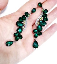 Chandelier Rhinestone Crystal Pageant Bridal Earrings Green Drop Dangle 3.5 inch