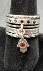 Vintage Sterling Silver Ring Ruby Hamsa Hanging Charm Wide Multi Band Size 9.5