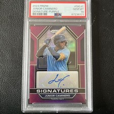 2023 Panini Prizm Signatures Purple #/99 Junior Caminero #SIG-JC Rays RC PSA 10