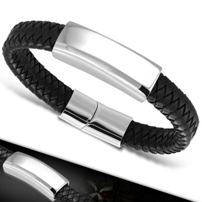 22 cm Herren Leder Armband schwarz mit Edelstahl unisex bracelet y-bgo556