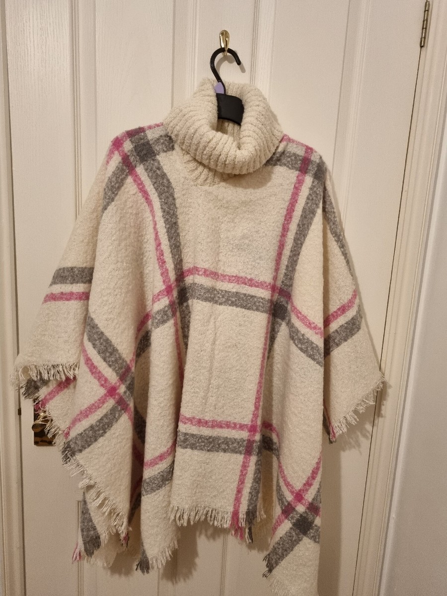 Avon Lipsy Pink Grey Check Poncho Winter Roll Neck Cosy Boucle