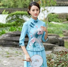 New Women Cheongsam Tops Chinese Style QiPao Blouse Retro Buckle Slim T-shirt