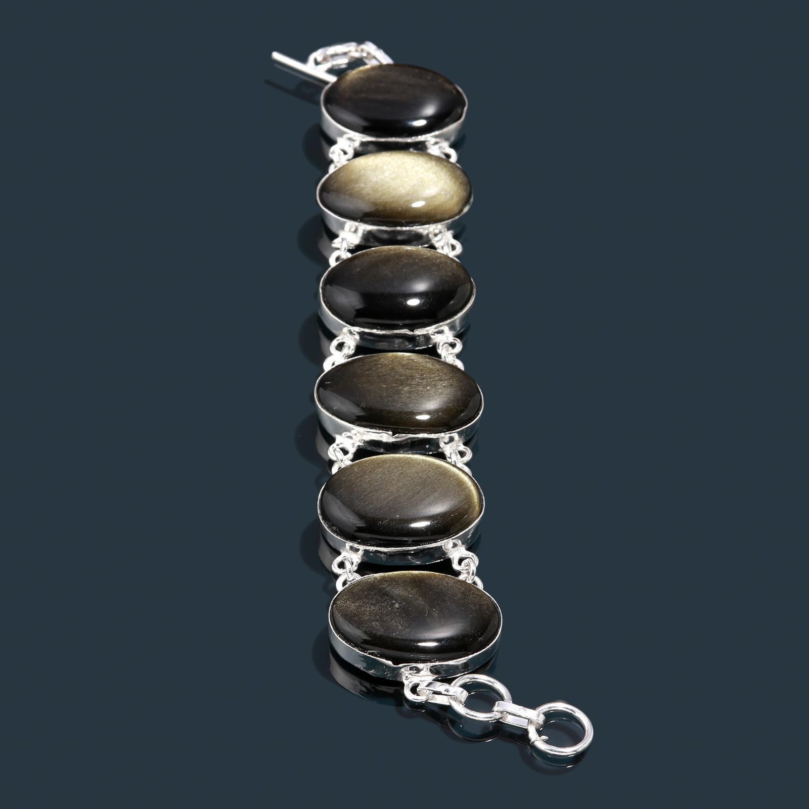 Golden Sheen Obsidian Gemstone 925 Sterling Silver Chain Bracelet For Gift 7-8