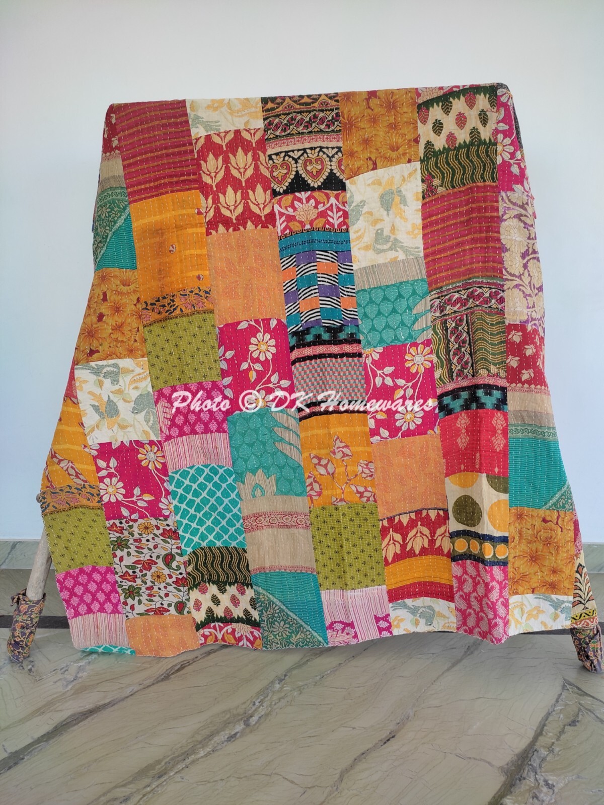 Reversible Bed Runner Kantha Quilt Vintage Patchwork Blnket Twin