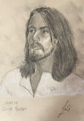 ORIGINAL GRAPHITE DRAWING HANDMADE MARIO MENDOZA STUDY GEORGE HARRISON BEATLES