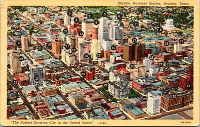 Postcard TX Aerial View Skyline Business Section Houston Fastest Growing City A1