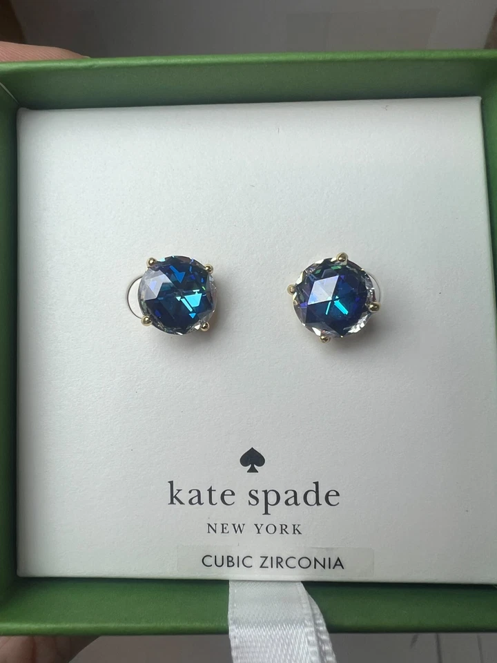 Aretes Kate Spade Cristal Redondos Placa de Oro Azul Ideas Brillantes En Caja Nuevos Foto 3 de 4