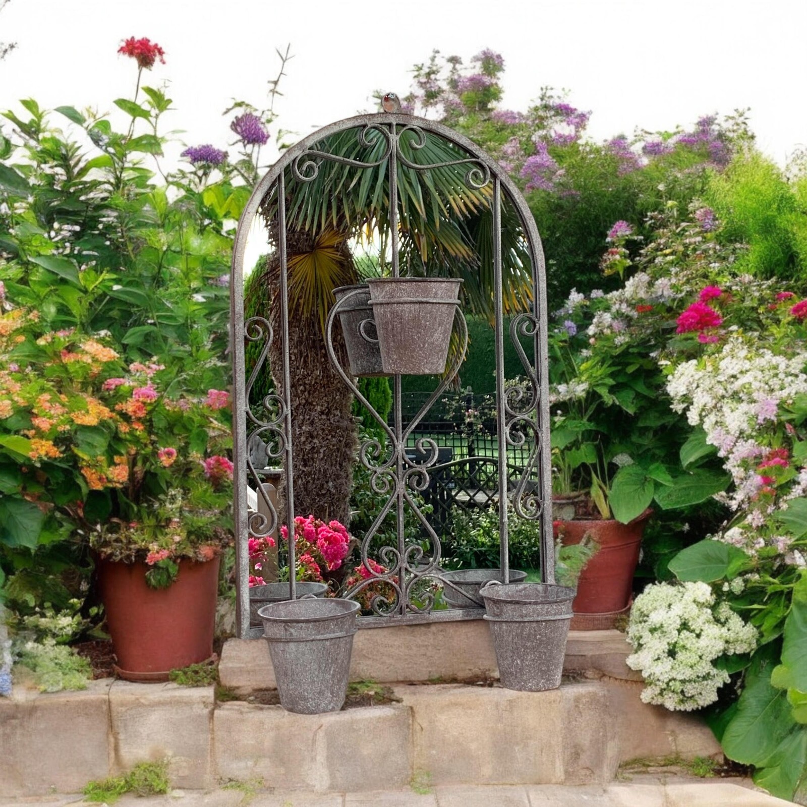 Rusty Metal Wall Mirror With Triple Planter Plant Pots Holder Vintage Style 70cm