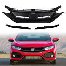 For 2019-20 Honda Civic Glossy Black Front Hood Mesh Grille With Eyelid Molding