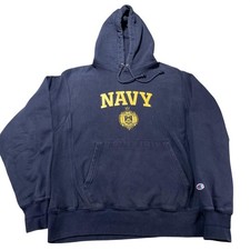 Champion Reverse Weave Hoodie Mens Medium Blue NAVY Crest Fleece Sweatshirt