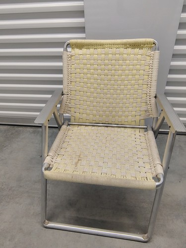 Vintage Mid Century Woven Macrame Aluminum Folding Lawn Chair Retro Yellow White