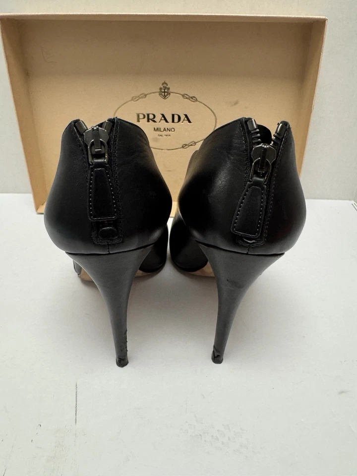 PRADA Black leather Peep Toe Booties Heels Size EU 40 - Image 3 of 4