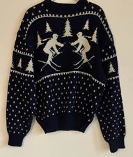 ABRAHAM AND STRAUS Men's Navy Blue/White Tight Knit Sweater Skiier Pattern Sz XL