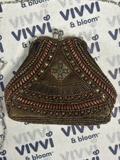 Vintage Beaded Evening Clutch - Purse, Copper/Brown, Silver Clasp chain, 7 W