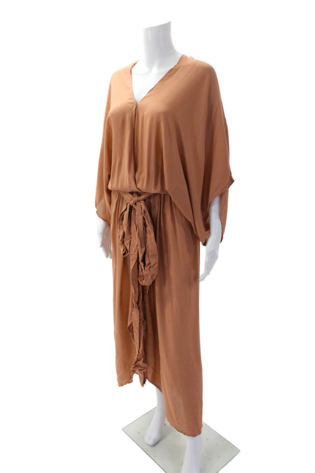 Maxi Vestido Indah Para Mujer Mangas Cortas Cinturón Línea A Marrón Talla Pequeña Foto 2 de 4