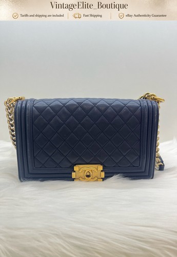 Chanel Boy Medium Navy Quilted Leather Gold HW Shoulder Bag Preowned Authentic