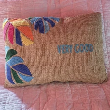 Tabitha Brown Tan Weave Colorful Palm Leaf Throw Pillow  18"×15"  Zip Closure 