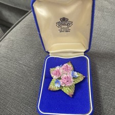 Beautiful Aynsley Fine None China Broach. Pink & Blue Flowers On Green Foliage