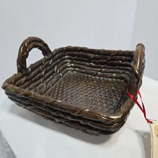 MUDDKATZ Pottery Handbuilt Garden Patio Ceramic Woven Basket NC USA Decor Handle
