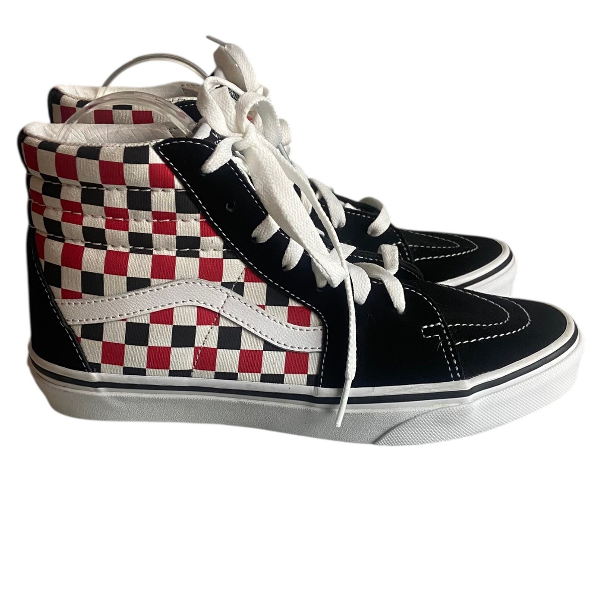 Vans Boys Size High Top Skater Shoes Red Black Checkered Suede Sneakers  Lace