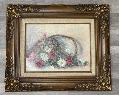 Vintage 80 s Oil Painting Art Flower Basket Floral Gold Ornate Frame Signed