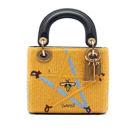 Dior Mini Embroidered Canvas Swords Lady Pre-Loved Satchel Yellow