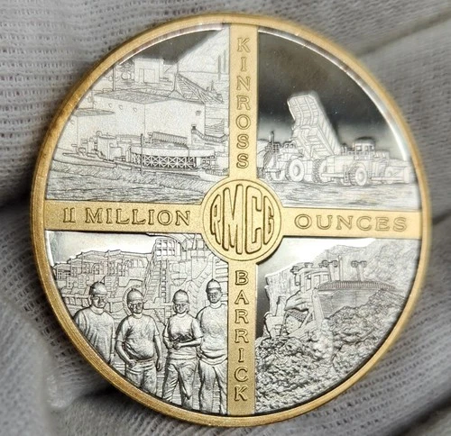 Kinross / Barrick Gold Gilded Rare 1 Troy Oz .999 Fine Silver Proof Round
