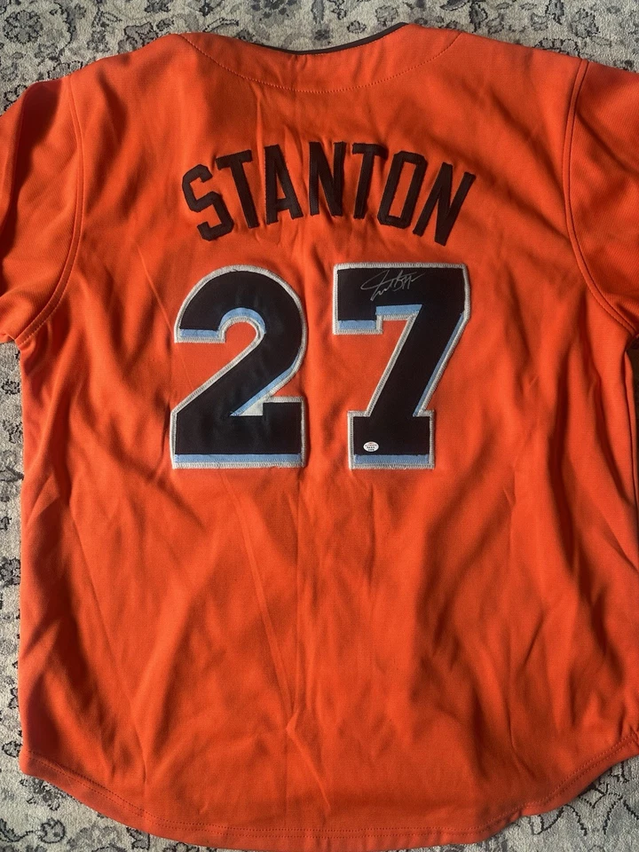 Camiseta deportiva autografiada por Giancarlo Stanton MLB Miami Marlins certificado de autenticidad PAAS Foto 4 de 4