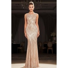 Sequin Maxi Dress Women MD New Rose Gold Geometric Formal Gown